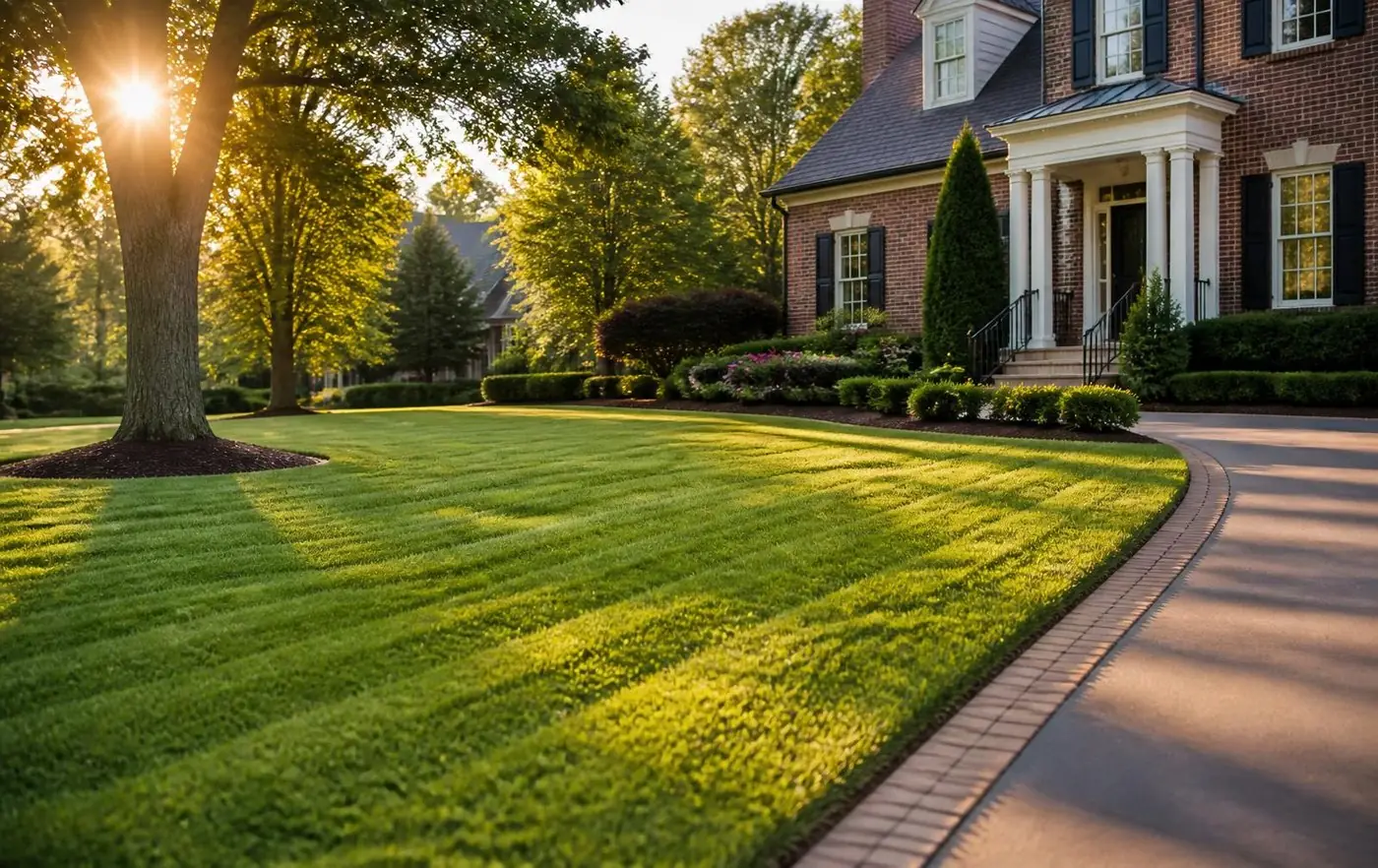 Crew member edging a manicured Atlanta lawn along a stone walkway